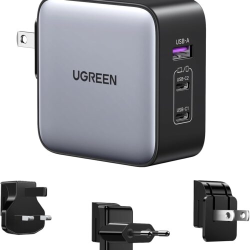 UGREEN 65W USB C Travel Adapter, Foladable Fast GaN Charger with US/UK/EU 3 Plugs, 3-Port International Power Adapter for MacBook Air/Pro, Dell XPS, iPhone 17/16/15, iPad, Galaxy S25/S24, Steam Deck 90409 SmartX
