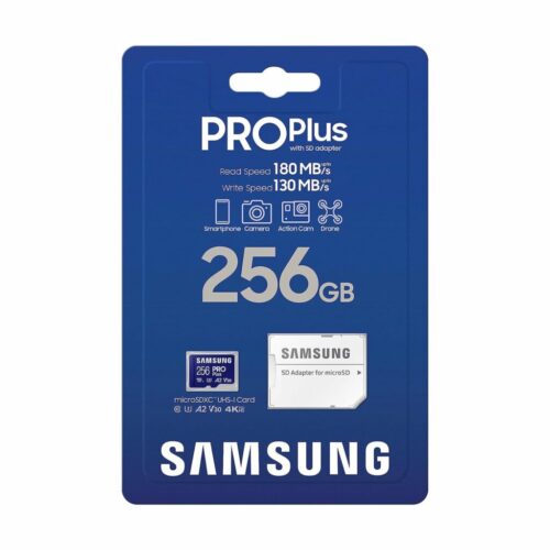 Samsung PRO Plus microSD Memory Card + Adapter, 256GB microSDXC, Up to 180 MB/s, Full HD & 4K UHD, UHS I, C10, U3, V30, A2, for Android Smartphones, Tablets, GoPRO, and DJI Drone MB-MD256SA/EU in smartx jordan