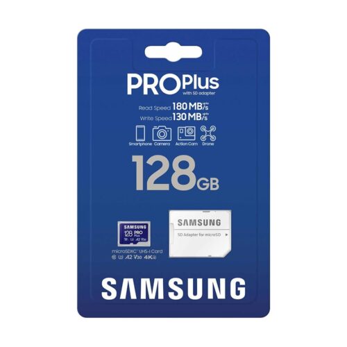 Samsung PRO Plus microSD Memory Card + Adapter, 128GB microSDXC, Up to 180 MB/s, Full HD & 4K UHD, UHS I, C10, U3, V30, A2, for Android Smartphones, Tablets, GoPRO, and DJI Drone (MB MD128SA/AM) in smartx jordan