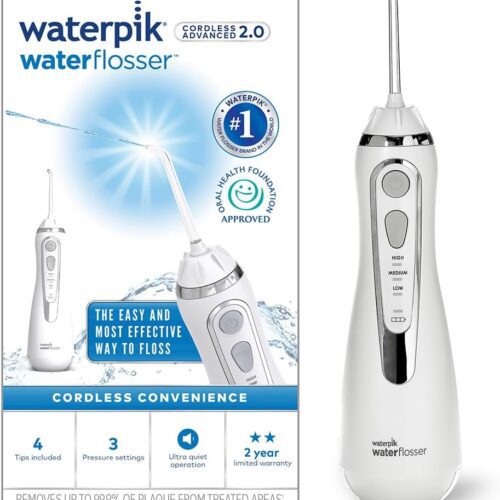 Waterpik Cordless Advanced 2.0 – Rechargeable Portable Water Flosser with 4 Tips & Travel Bag – ADA Accepted – White Smartx