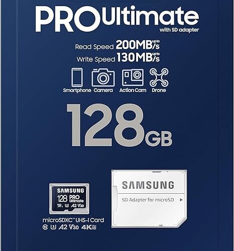 Samsung PRO Ultimate microSD Memory Card + Adapter, 128GB microSDXC, Up to 200 MB/s, 4K UHD, UHS-I, Class 10, U3,V30, A2 for GoPRO Action Cam, DJI Drone, Gaming, Phones, Tablets, MB-MY128SA/AM in smartx jordan