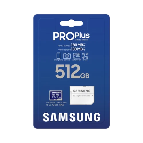 Samsung PRO Plus microSD Memory Card + Adapter, 512GB microSDXC, Up to 180 MB/s, Full HD & 4K UHD, UHS I, C10, U3, V30, A2, for Android Smartphones, Tablets, GoPRO, and DJI Drone MB-MD512SA/EU in smartx jordan