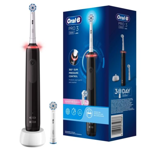 Oral-B by Braun Pro 3 3000 Electric Toothbrush with Smart Pressure Sensor & 2 Sensitive Heads - BLACK in smartx jordan