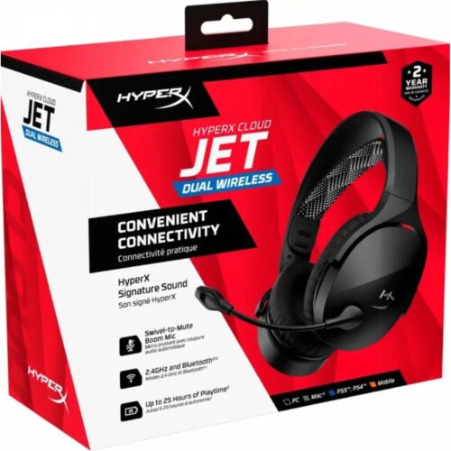 HyperX Cloud Jet - Wireless Gaming Headset Dual Wireless & Bluetooth Signature HyperX Sound Swivel-to-mute Boom Mic Up to 25 hours of Playtime Intuitive Audio Controls , Black