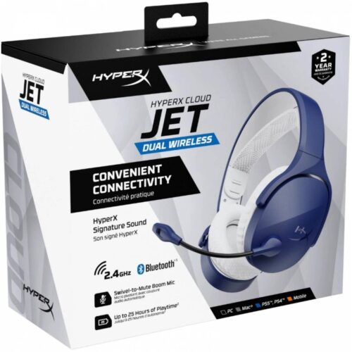 HyperX Cloud Jet - Wireless Gaming Headset Dual Wireless & Bluetooth Signature HyperX Sound Swivel-to-mute Boom Mic Up to 25 hours of Playtime Intuitive Audio Controls , Blue